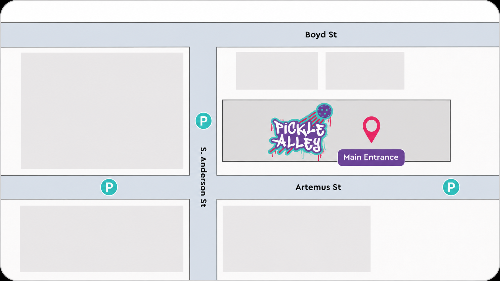 Map showing Pickle Alley, its main entrance, and free street parking along Artemus Street and S. Anderson Street